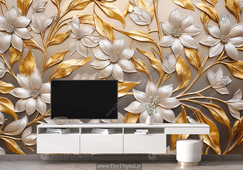 پوستر کاغذ دیواری گل طلایی برای دیوار پشت تی وی