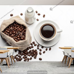 پوستر دیواری قهوه فروشی طرح فنجون قهوه و دانه های قهوه