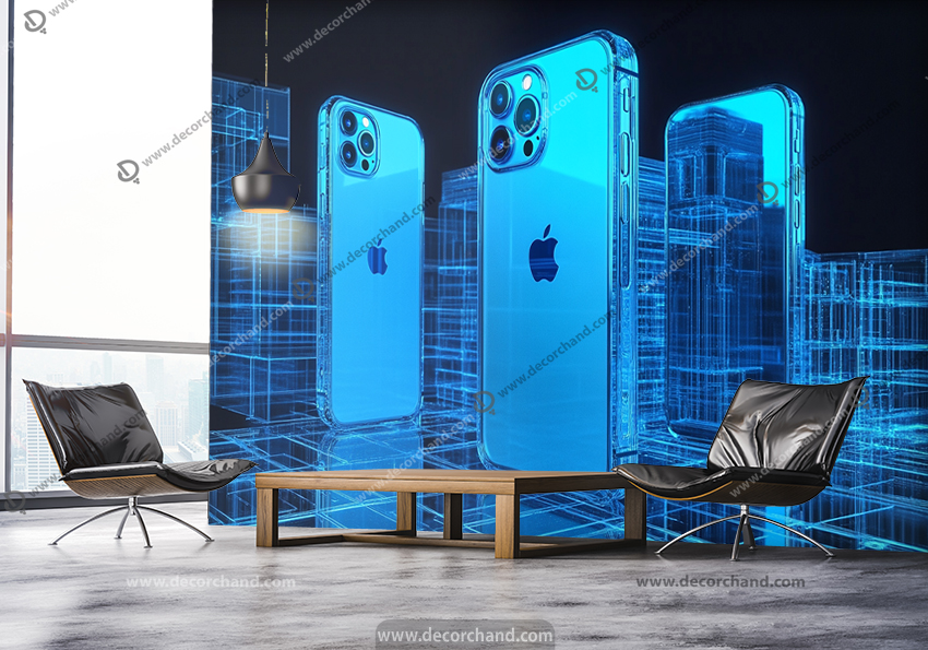 پوستر دیواری برای فروشگاه موبایل فروشی طرح آیفون های نئونی آبی