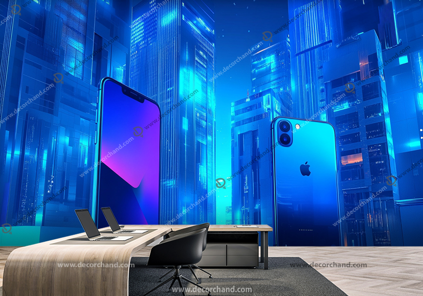 پوستر دیواری طرح موبایل های نئونی آبی