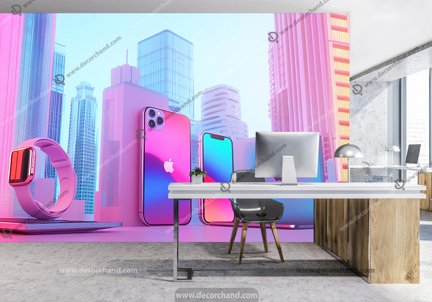 پوستر دیواری سه بعدی طرح موبایل ایفون و اپل واچ