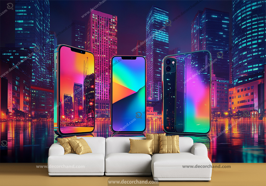 کاغذ دیواری سه بعدی طرح نئونی موبایل فروشی