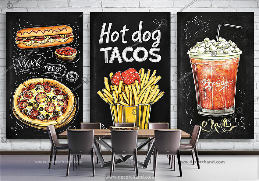 پوستر دیواری فست فود طرح پیتزا و سیب زمینی و نوشابه با زمینه آجر سفید