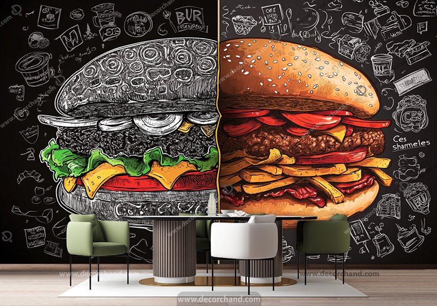 پوستر دیواری طرح نقاشی همبرگر بزرگ با زمینه تیره