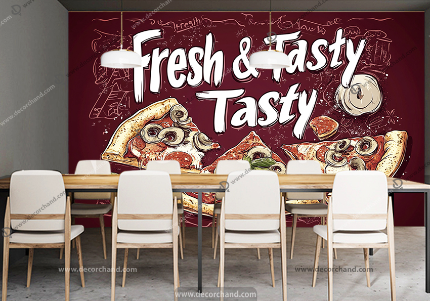 پوستر دیواری پیتزایی با زمینه قرمز و عنوان تازه و خوشمزه