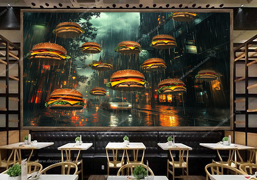 پوستر دیواری طرح همبرگر با زمینه بارانی
