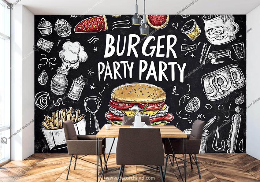 پوستر دیواری فست فود طرح مهمانی همبرگر با تم نقاشی و زمینه تیره