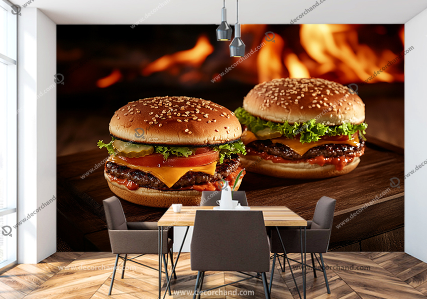 پوستر دیواری فست فود طرح دو عدد چیزبرگر با زمینه آتشین