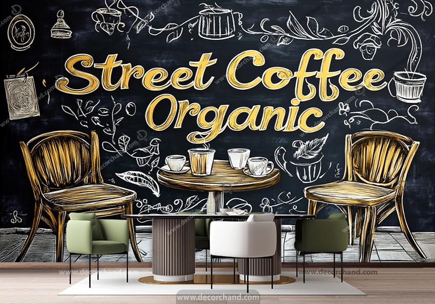 کاغذ دیواری سه بعدی برای کافی شاپ طرح تایپوگرافی طلایی