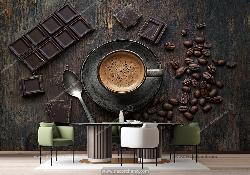 پوستر سه بعدی فنجون قهوه و دانه های قهوه برای کافه