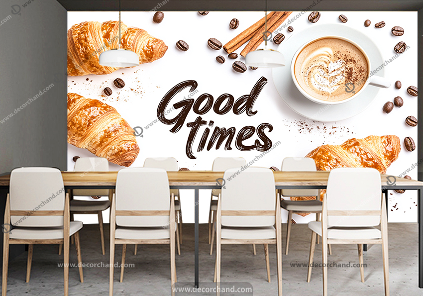 پوستر سه بعدی طرح کروسان و لاته با زمینه سفید برای کافه