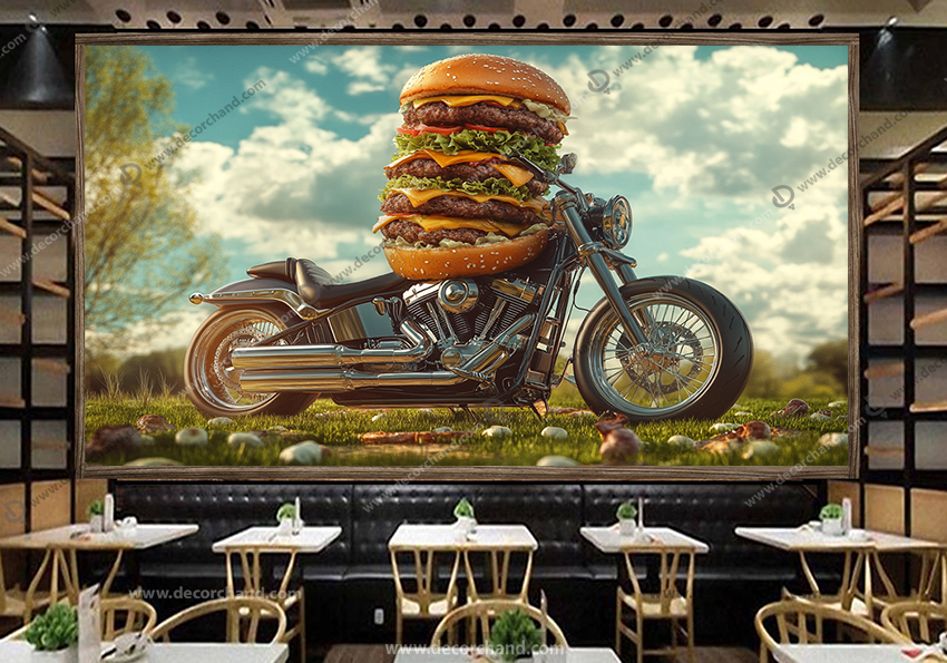 پوستر دیواری فست فود طرح همبرگر سوار موتور با زمینه سرسبز