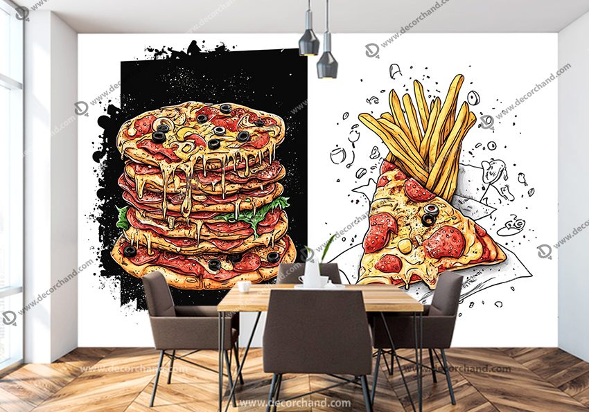 پوستر دیواری فست فودی طرح خلاقانه و جدید پیتزا و سیب زمینی