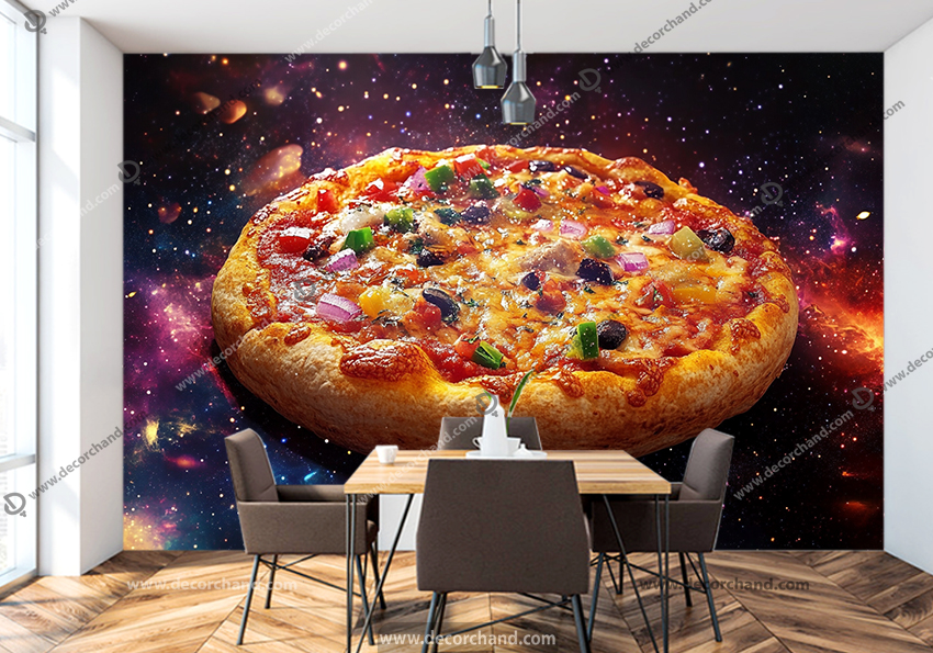 پوستر دیواری فست فود طرح پیتزا با زمینه کهکشان و ستاره
