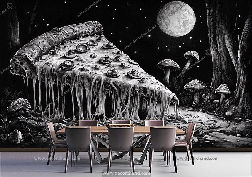 پوستر دیواری فست فود طرح اسلایس پیتزای بزرگ در جنگل با زمینه تیره