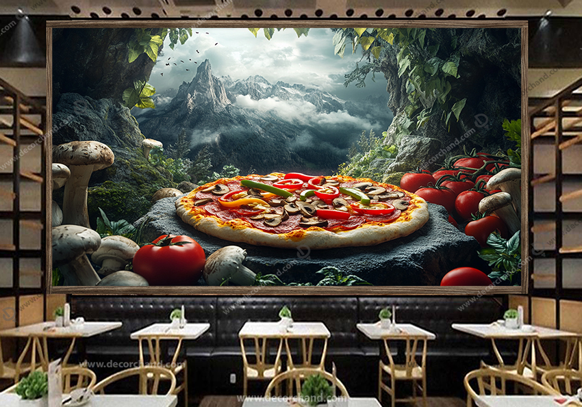 پوستر دیواری فست فود طرح پیتزا و سبزیجات با زمینه کوهستان