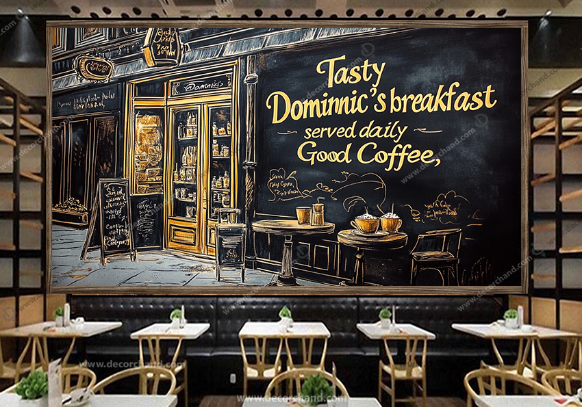پوستر دیواری مشکی طلایی برای کافی شاپ طرح نقاشی کافه خیابانی