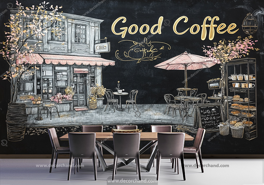 پوستر دیواری کافی شاپ با طرح نقاشی از یک کافه کلاسیک