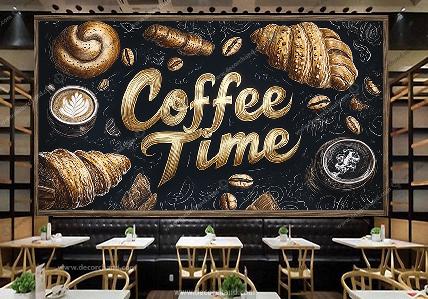 پوستر دیواری کافه تایم رنگ مشکی طلایی برای کافی شاپ