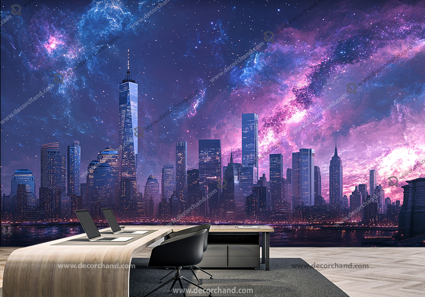 پوستر سه بعدی شهر کهکشانی با ساختمان های بلند