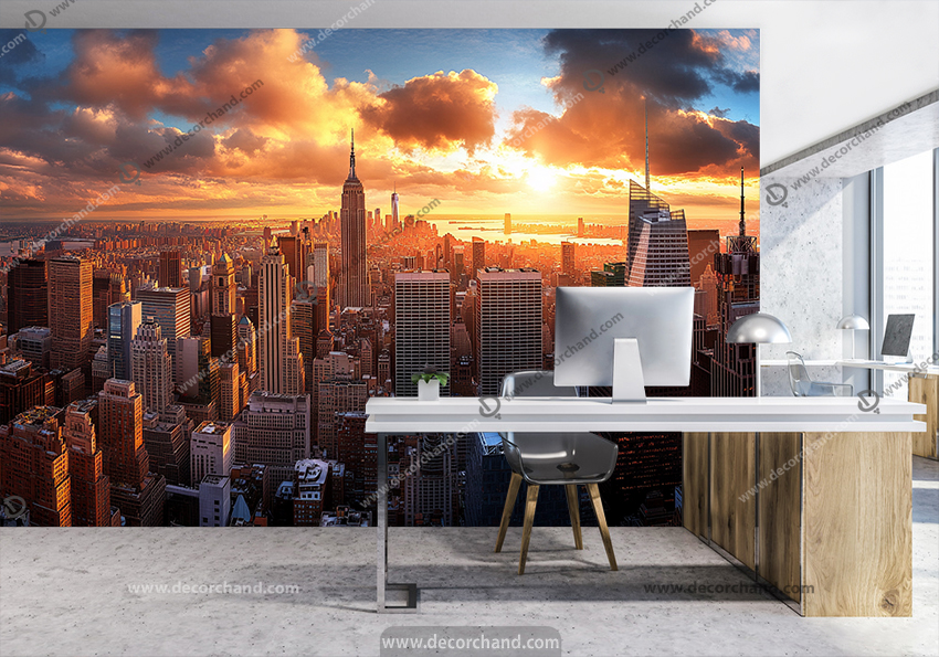 پوستر سه بعدی املاک طرح شهر با آسمان خراش در غروب آفتاب