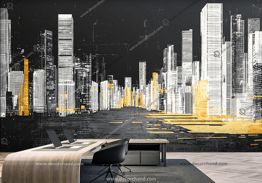 کاغذ دیواری سه بعدی طرح ساختمان‌های مشکی طلایی