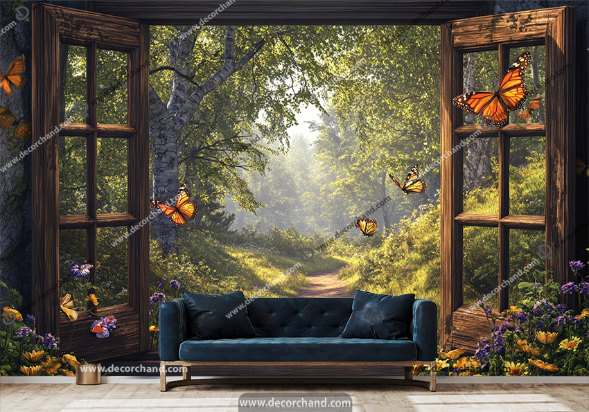 پوستر زیبای منظره چنگل پاییزی پشت پنجره با پروانه ها