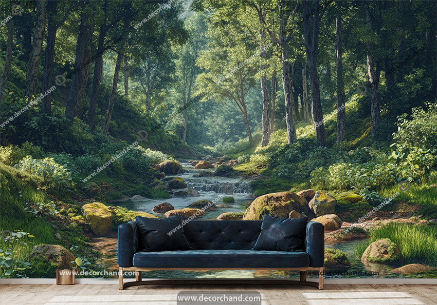 پوستر دیواری سه بعدی منظره و طبیعت جنگلی و رودخانه
