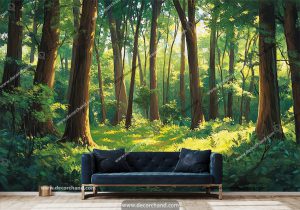 پوستر دیواری جنگل سبز با درختان تنومند و بزرگ