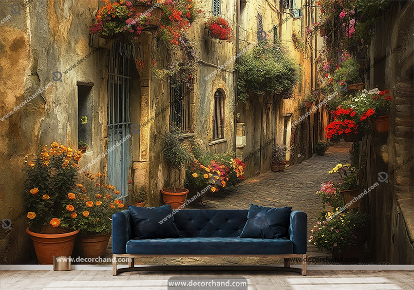 پوستر سه بعدی کوچه باغ زیبا با خانه های قدیمی پر از گل