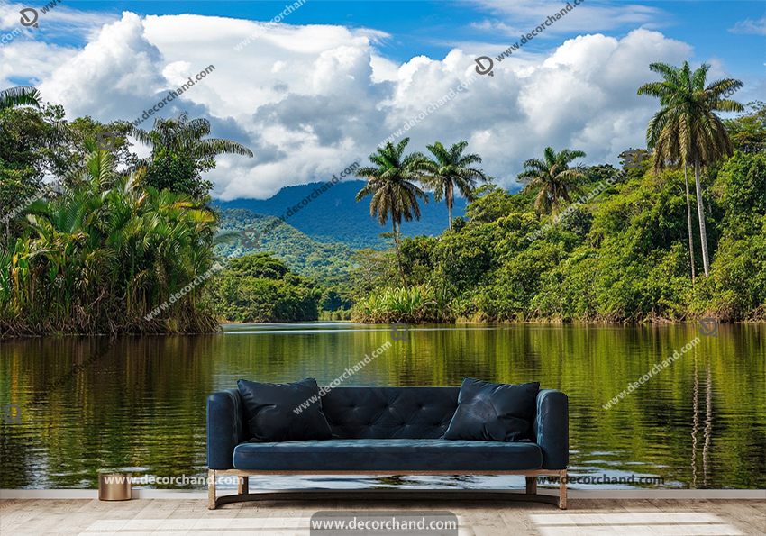 پوستر دیواری سه بعدی جنگل سبز و دریاچه