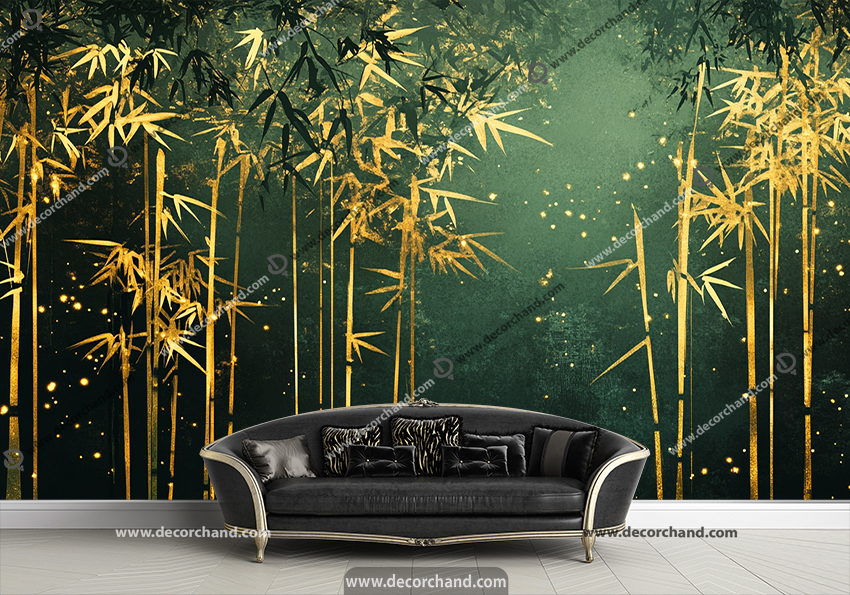 پوستر دیواری درختان طلایی با زمینه سبز