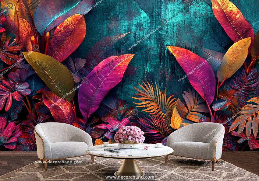 پوستر دیواری سه بعدی طرح برگ های رنگی رنگی
