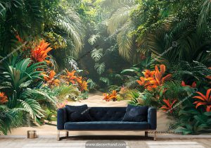 کاغذ دیواری سه بعدی طبیعت با گیاهان گل نارنجی