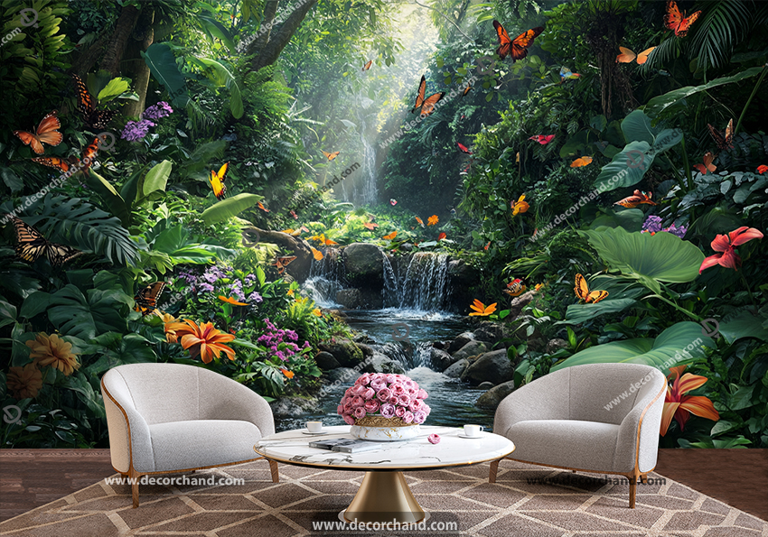 پوستر سه بعدی طرح منظره جنگلی پروانه ها