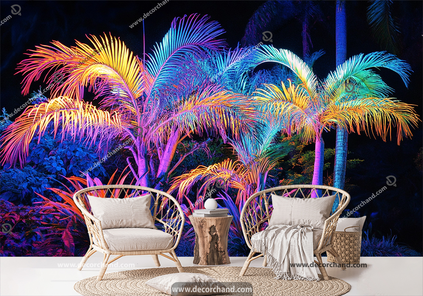 پوستر دیواری شاخه های برگ درختان سوزنی رنگی