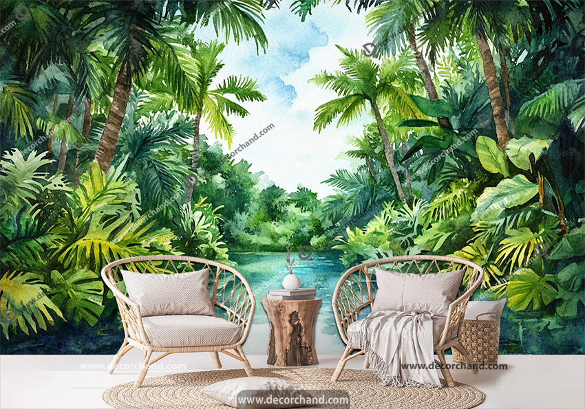 پوستر سه بعدی نقاشی زیبا از نخلستان و برکه