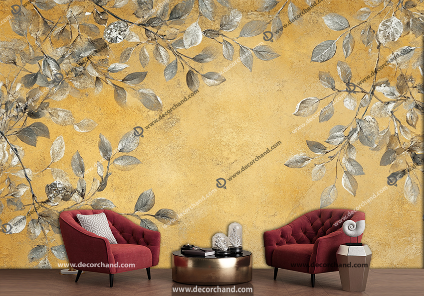 پوستر دیواری طرح پتینه زرد با شاخه و برگ ساده