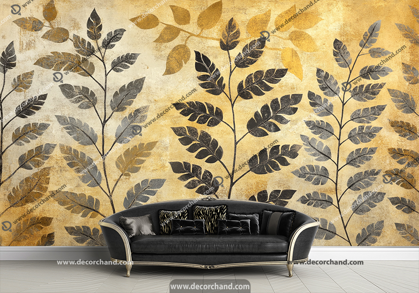 پوستر دیواری پتینه با زمینه طلایی و کرمی طرح برگ و شاخه