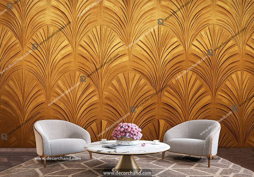 پوستر دیواری پشت تلویزیون طرح مدرن برگ های طلایی