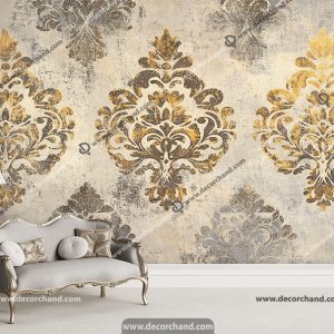 پوستر دیواری پتینه طرح کلاسیک طلایی و طوسی با زمینه روشن