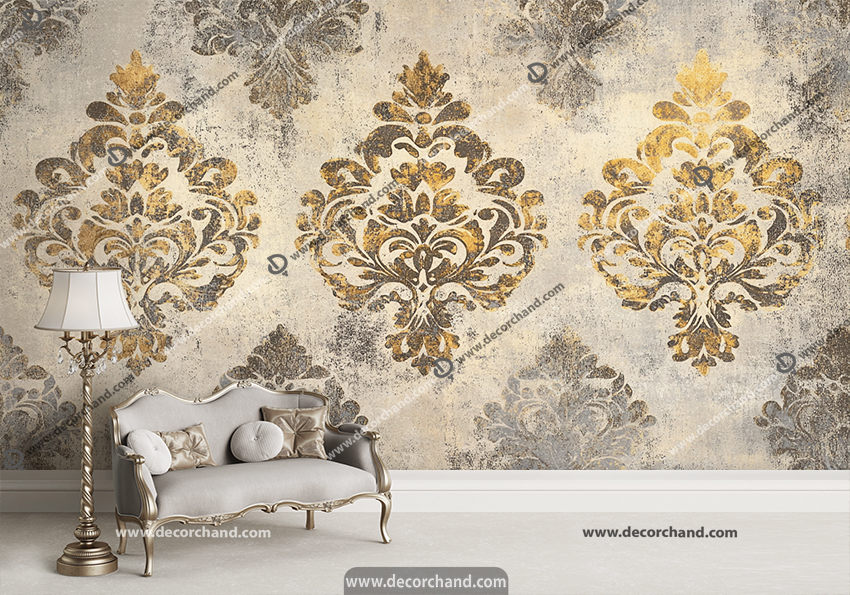 پوستر دیواری پتینه طرح کلاسیک طلایی و طوسی با زمینه روشن