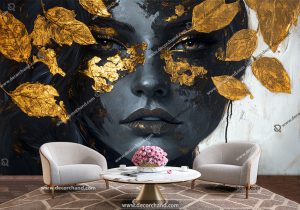 پوستر دیواری طرح نقاشی چهره و برگهای طلایی