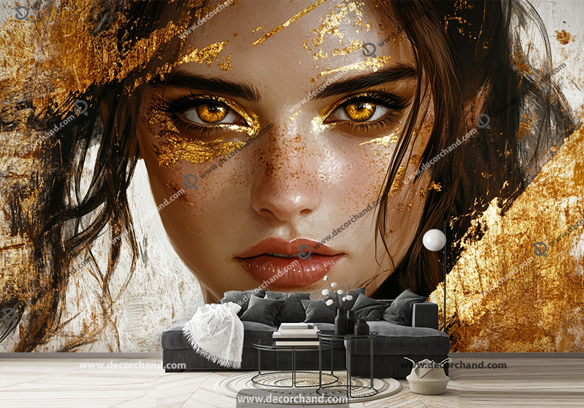 پوستر چاپی طرح نقاشی چهره تمام رخ با پتینه طلایی