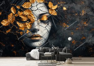 پوستر دیواری لاکچری مشکی طلایی طرح نقاشی چهره و برگهای طلایی