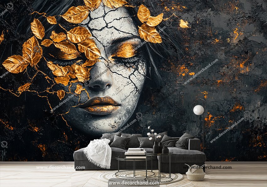 پوستر دیواری لاکچری مشکی طلایی طرح نقاشی چهره و برگهای طلایی