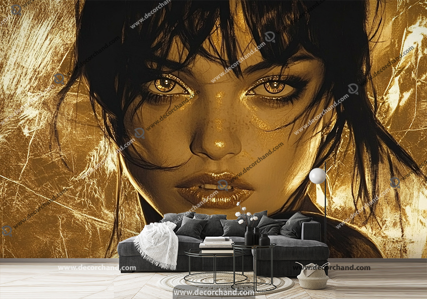 پوستر دیواری آرایشگاه زنانه طرح چهره با تم کرمی تیره و طلایی