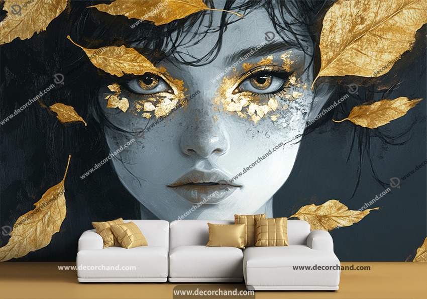 پوستر دیواری خاص برای آرایشگاه بانوان طرح چهره و برگ طلایی