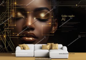 پوستر دیواری آرایشگاه زنانه طرح چهره با دیتیل طلایی و زمینه مشکی