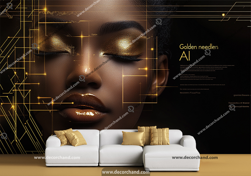 پوستر دیواری آرایشگاه زنانه طرح چهره با دیتیل طلایی و زمینه مشکی